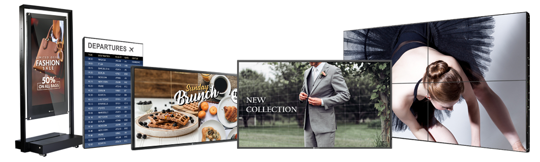 InfraOne Digital Signage Produktpalette: Mini-Server, 4K-Displays und Cloud-Verwaltungssoftware für Werbebildschirme und Infoscreens in der Schweiz